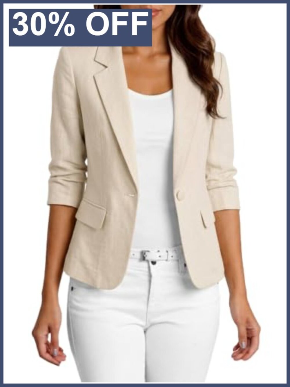Linen Blazer 3/4 Sleeve Notch Collar Tailored Fit Lightweight Slim Jacket